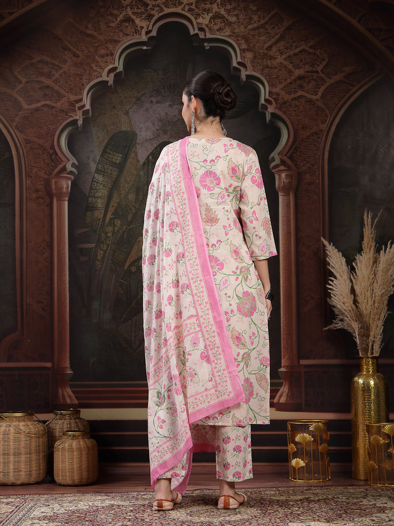 Women's Blush Floral Printed Cotton Straight Kurta Pant Dupatta Set