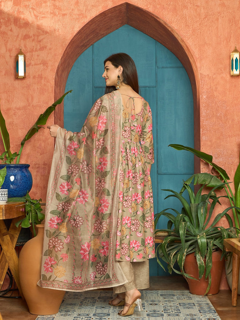 Women's Brown Floral Printed Rayon Anarkali Kurta Pant Dupatta Set