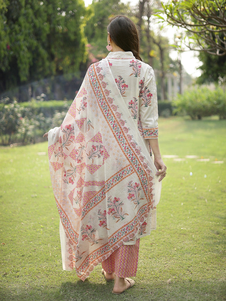 Women's Cream Floral Printed Cotton A-Line Kurta Pant Dupatta Set