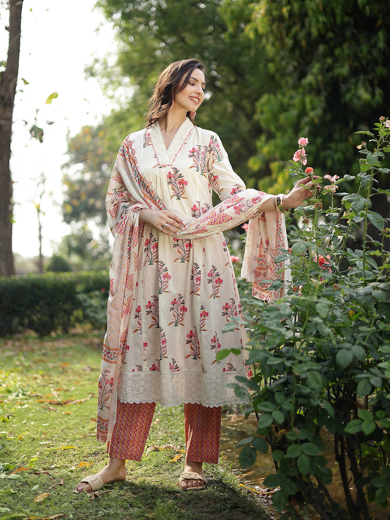 Women's Cream Floral Printed Cotton A-Line Kurta Pant Dupatta Set