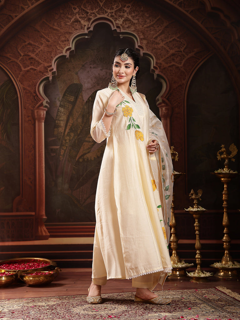 Women's Cream Solid & Embroidered Roman Silk A-Line Kurta Pant Dupatta Set