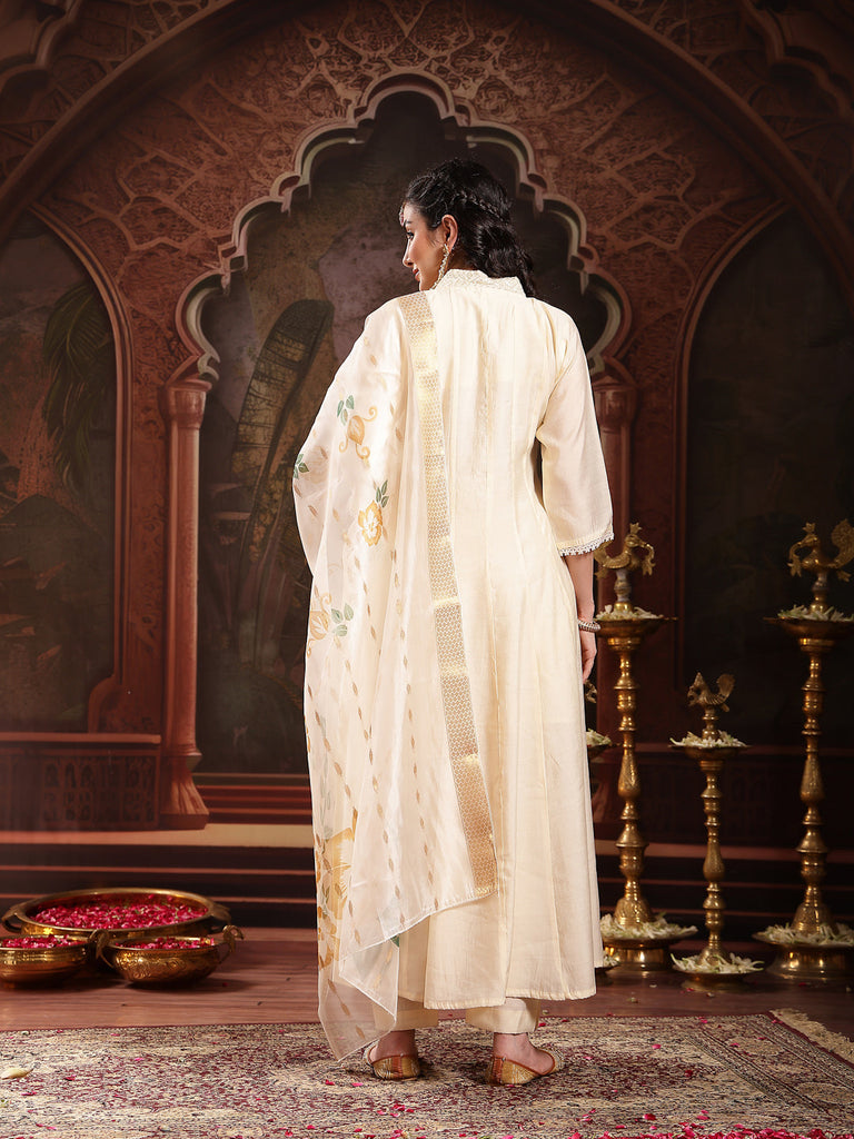 Women's Cream Solid & Embroidered Roman Silk A-Line Kurta Pant Dupatta Set