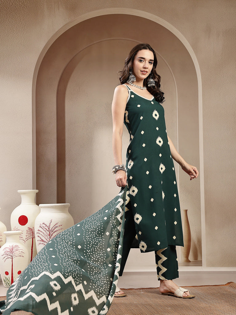 Women's Green Ikkat Printed Rayon Straight Kurta Pant Dupatta Set