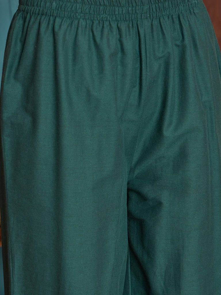 Women's Green Solid Cotton Straight Kurta Pant Dupatta Set