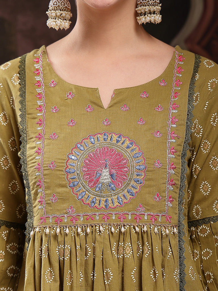 Women's Green Ethnic Printed & Embroidered Cotton Flared Kurta Palazzo Dupatta Set