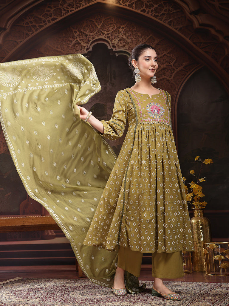 Women's Green Ethnic Printed & Embroidered Cotton Flared Kurta Palazzo Dupatta Set