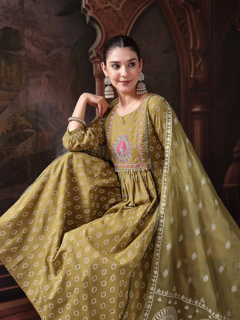 Women's Green Ethnic Printed & Embroidered Cotton Flared Kurta Palazzo Dupatta Set