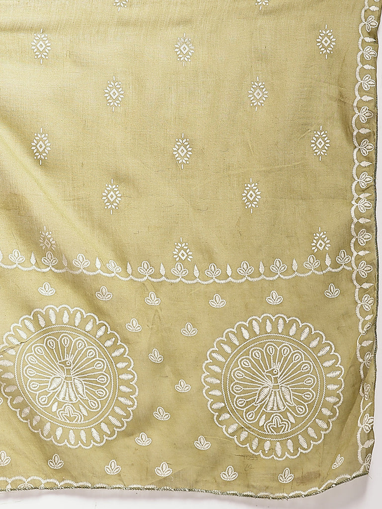 Women's Green Ethnic Printed & Embroidered Cotton Flared Kurta Palazzo Dupatta Set