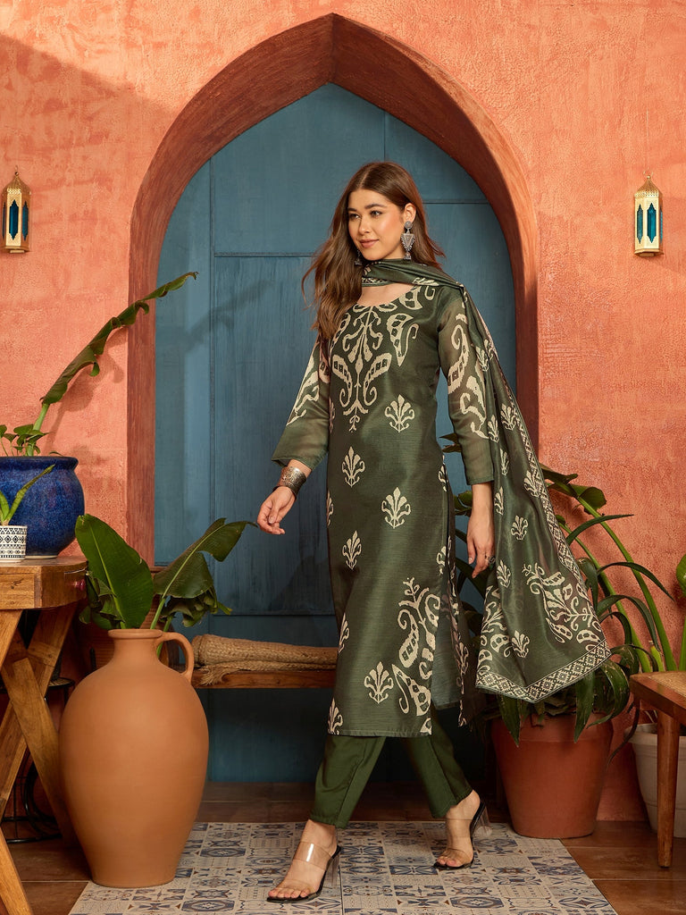 Women's Green Ikkat Printed Chanderi Straight Kurta Pant Dupatta Set