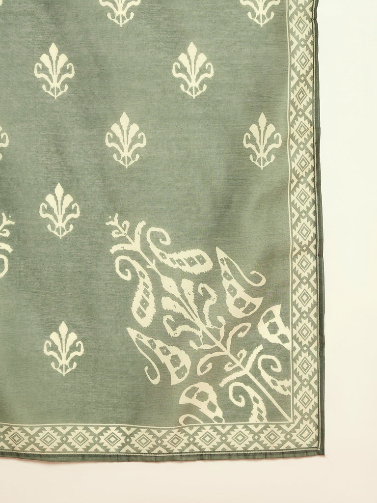 Women's Green Ikkat Printed Chanderi Straight Kurta Pant Dupatta Set