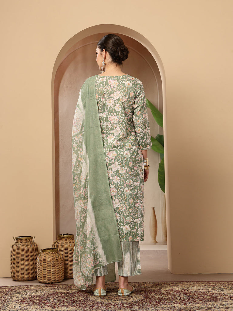 Women's Green Floral Printed Cotton Straight Kurta Pant Dupatta Set