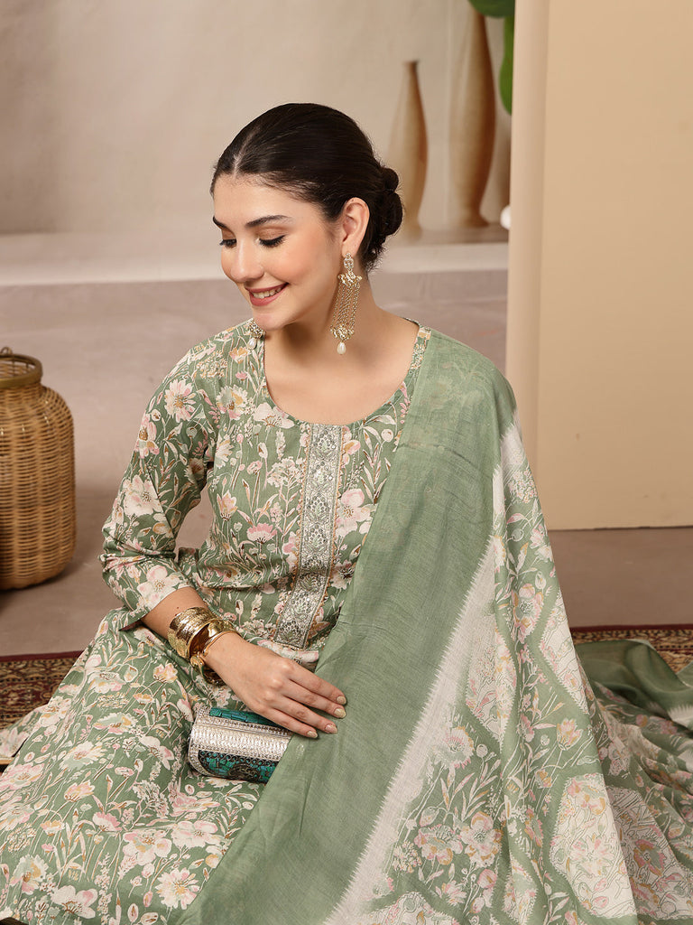 Women's Green Floral Printed Cotton Straight Kurta Pant Dupatta Set