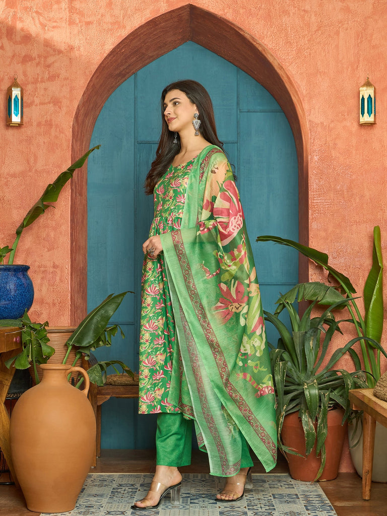 Women's Green Floral Printed Rayon Flared Kurta Palazzo Dupatta Set
