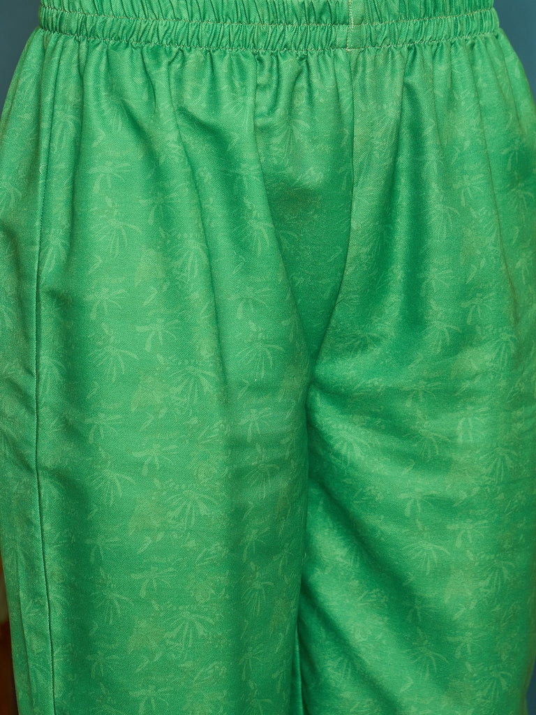 Women's Green Floral Printed Rayon Flared Kurta Palazzo Dupatta Set