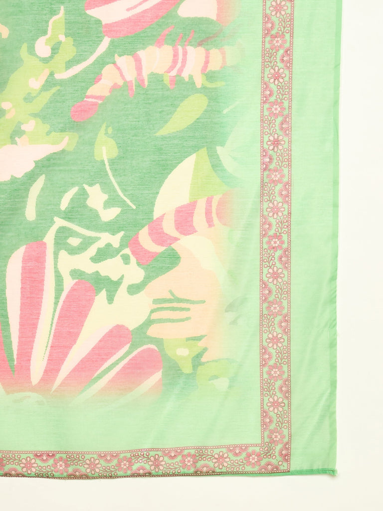 Women's Green Floral Printed Rayon Flared Kurta Palazzo Dupatta Set