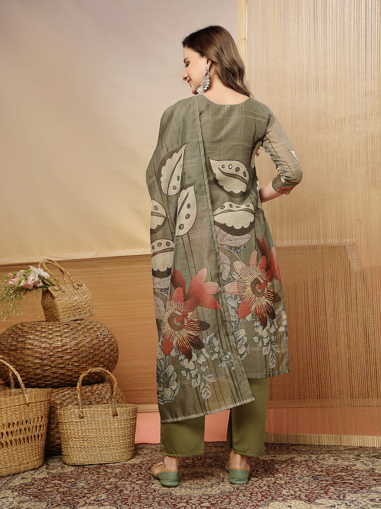 Women's Grey Floral Printed Chanderi Silk Straight Kurta Pant Dupatta Set