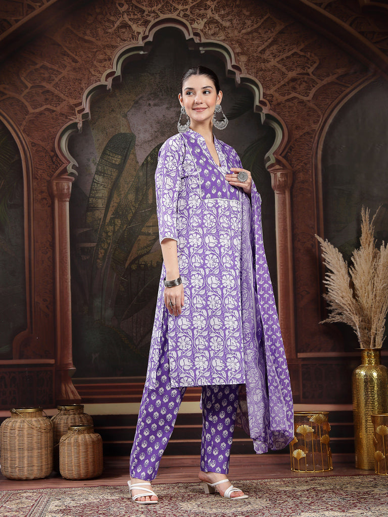 Women's Lavender Floral Printed Cotton Straight Kurta Pant Dupatta Set