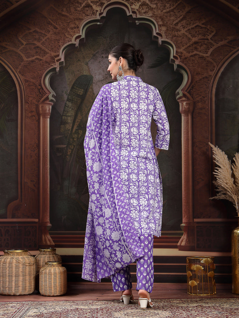 Women's Lavender Floral Printed Cotton Straight Kurta Pant Dupatta Set