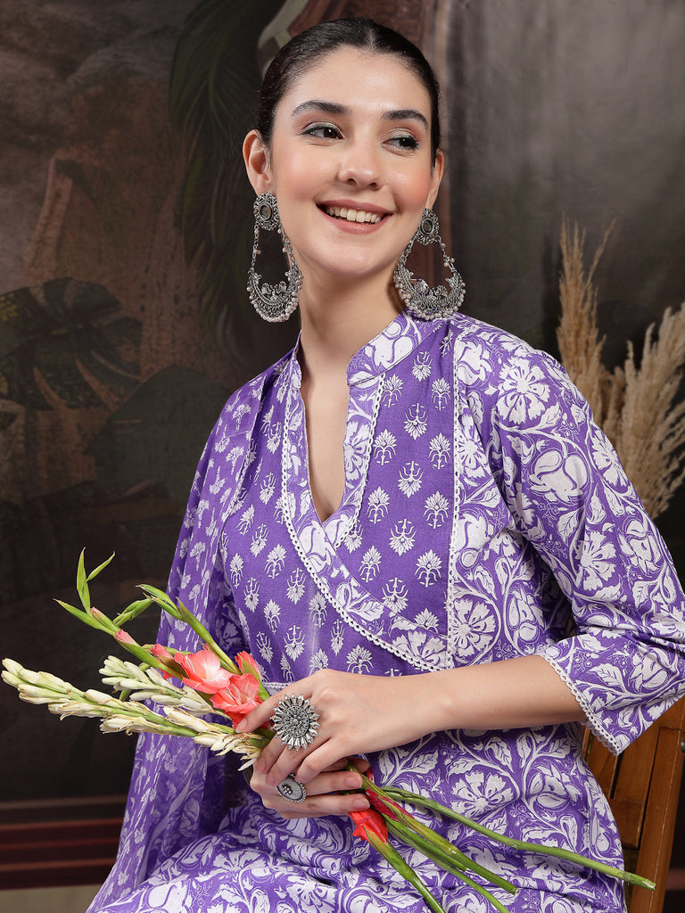 Women's Lavender Floral Printed Cotton Straight Kurta Pant Dupatta Set