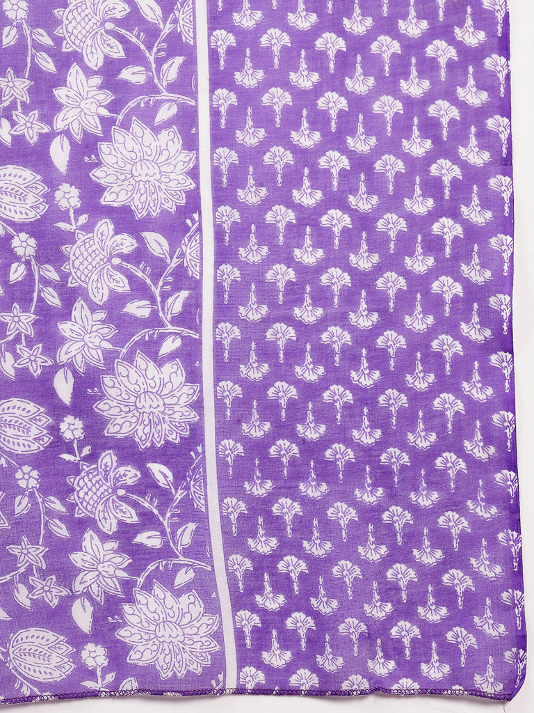 Women's Lavender Floral Printed Cotton Straight Kurta Pant Dupatta Set