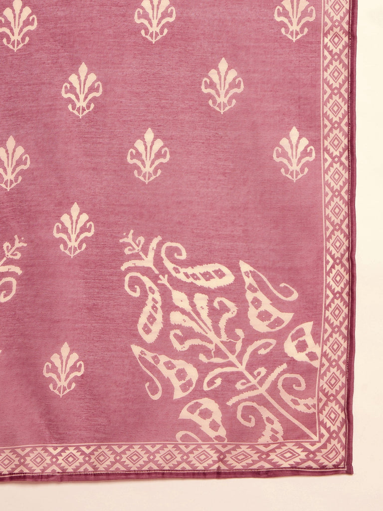Women's Maroon Ikkat Printed Chanderi Straight Kurta Pant Dupatta Set