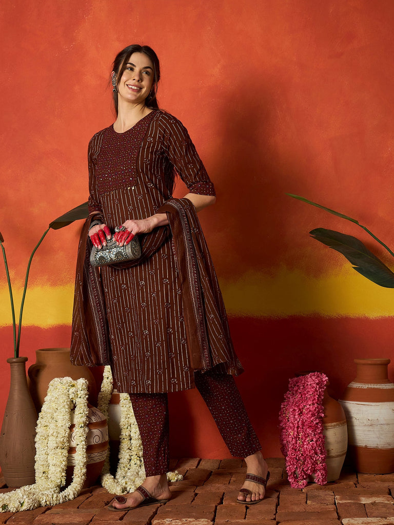Women's Maroon Striped & Floral Printed Cotton Straight Kurta Pant Dupatta Set