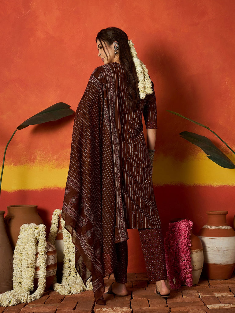 Women's Maroon Striped & Floral Printed Cotton Straight Kurta Pant Dupatta Set