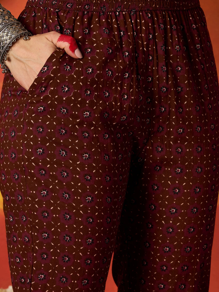 Women's Maroon Striped & Floral Printed Cotton Straight Kurta Pant Dupatta Set
