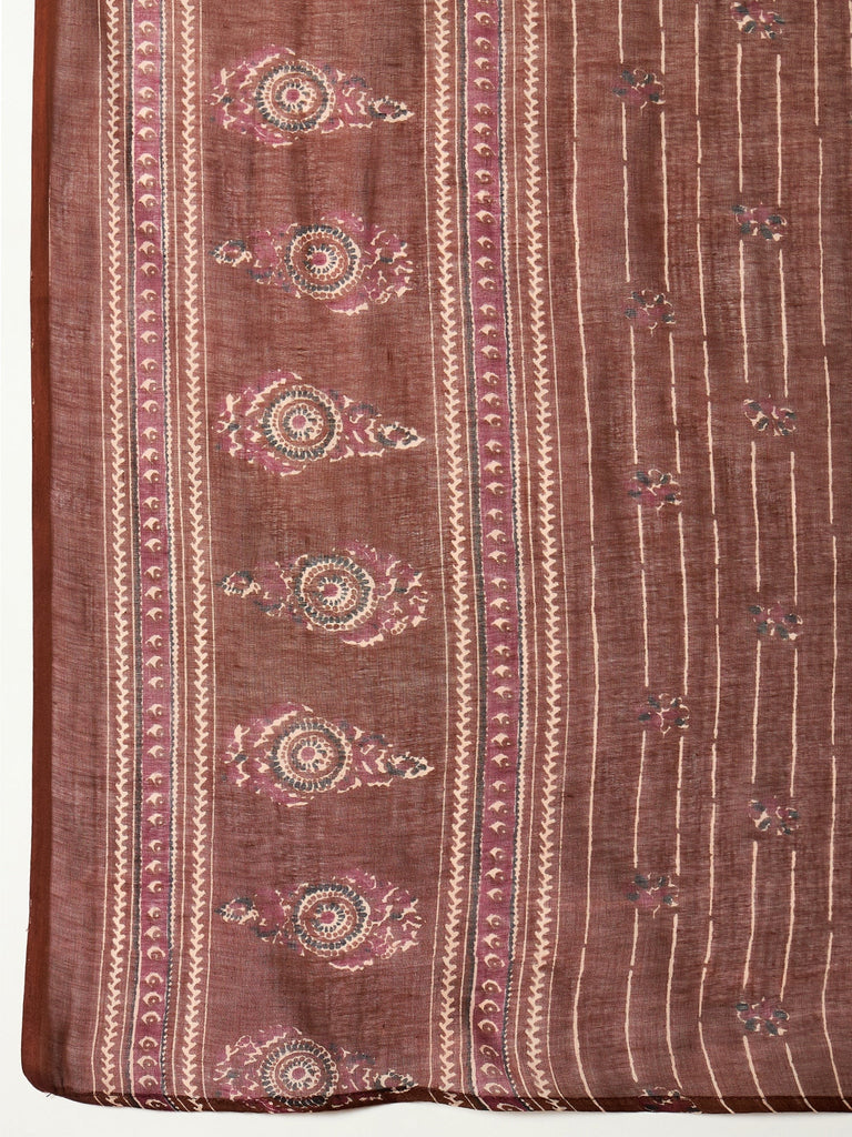 Women's Maroon Striped & Floral Printed Cotton Straight Kurta Pant Dupatta Set