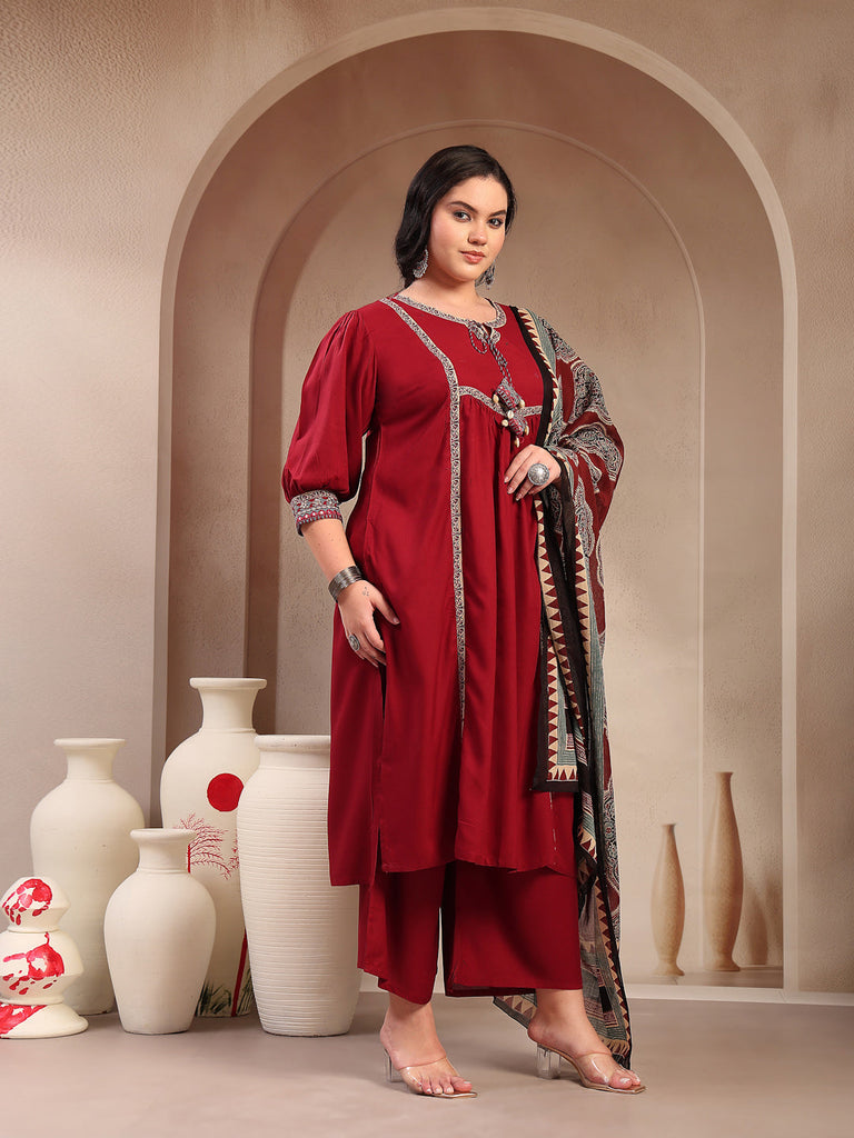 Women's Plus Size Maroon Solid Cotton Kurta Pant Dupatta Set