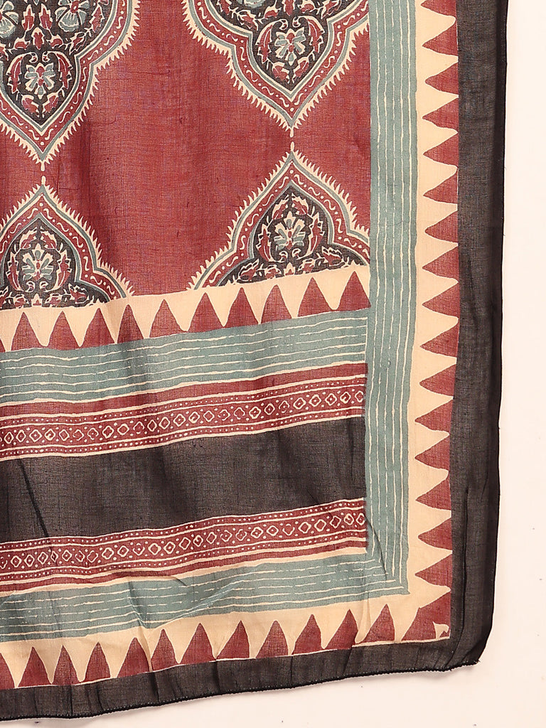 Women's Plus Size Maroon Solid Cotton Kurta Pant Dupatta Set