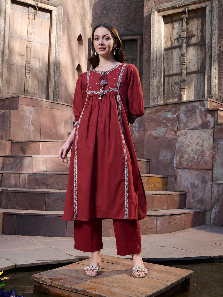 Women's Maroon Solid Cotton Kurta Pant Dupatta Set