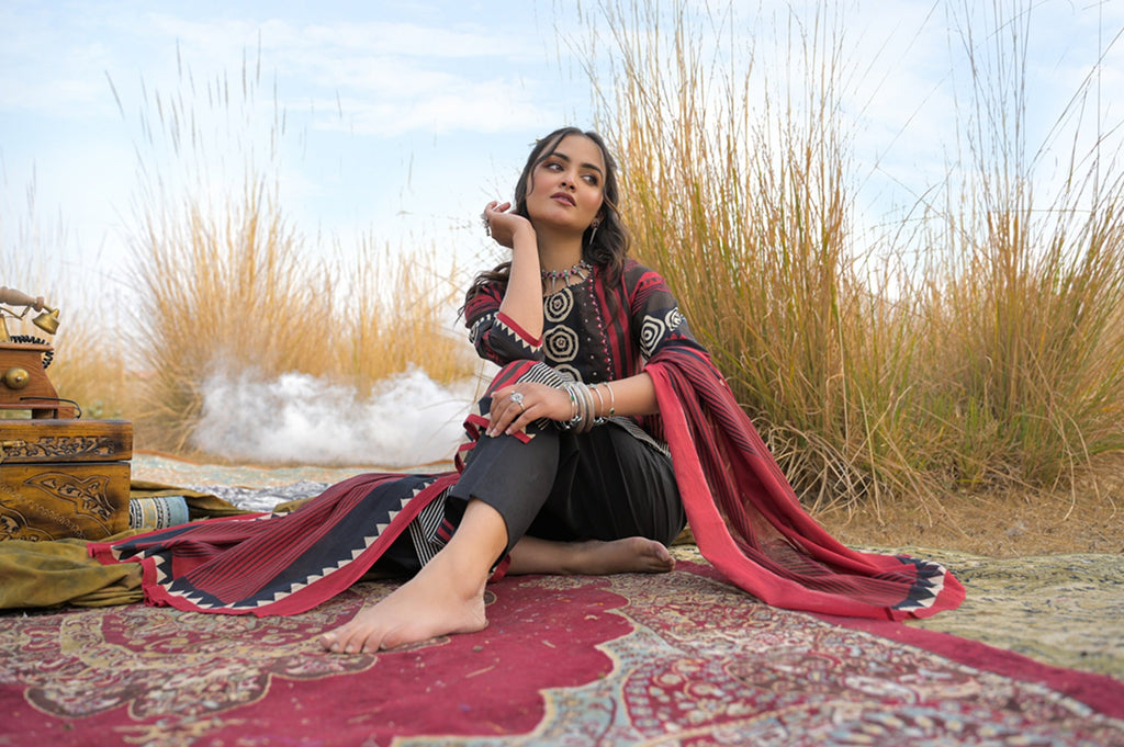 Women's Maroon Striped Printed Cotton Straight Kurta Pant Dupatta Set