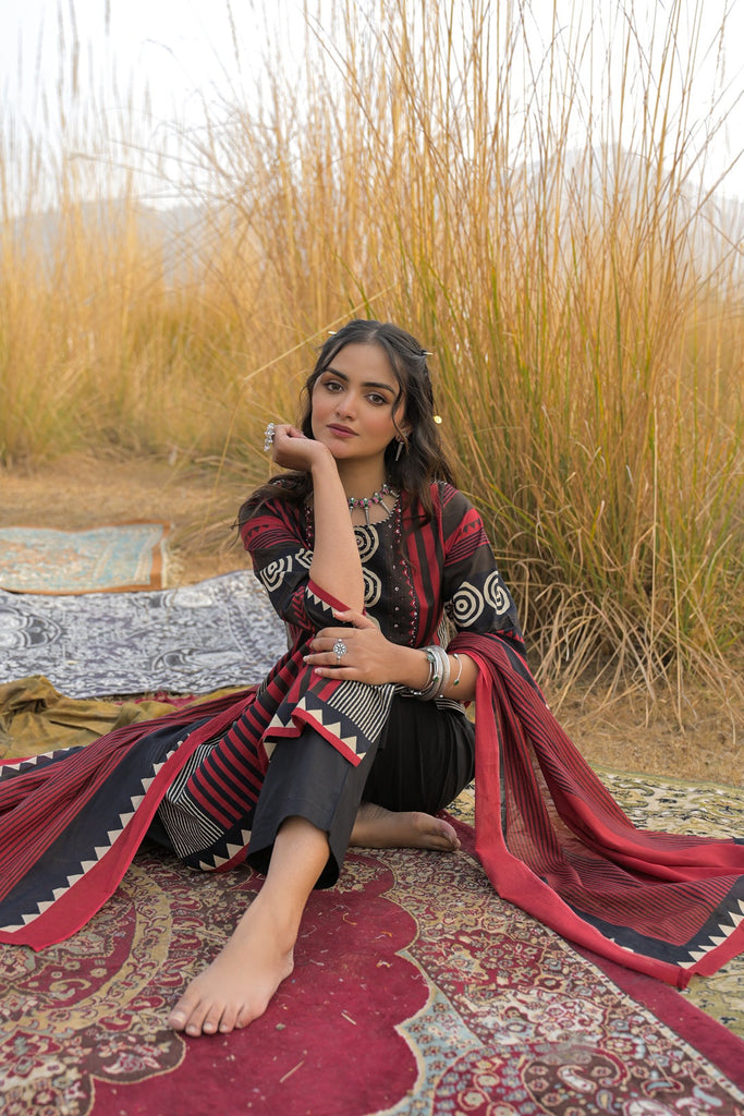 Women's Maroon Striped Printed Cotton Straight Kurta Pant Dupatta Set