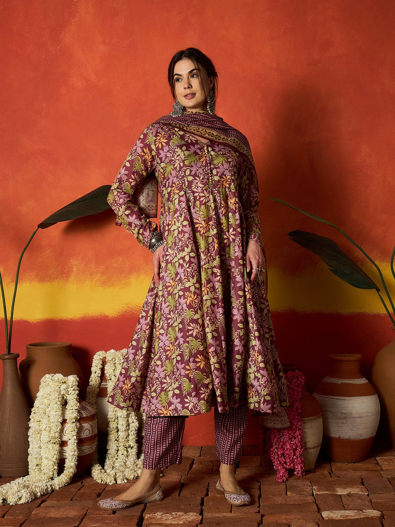 Women's Mauve Floral Printed Rayon Anarkali Kurta Pant Dupatta Set