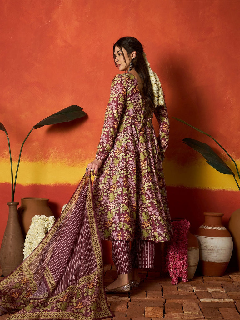 Women's Mauve Floral Printed Rayon Anarkali Kurta Pant Dupatta Set