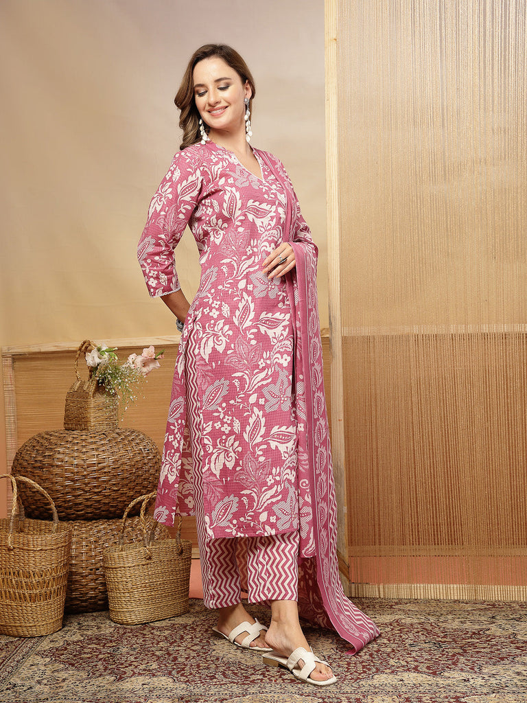 Women's Mauve Floral Printed Cotton Blend Straight Kurta Pant Dupatta Set