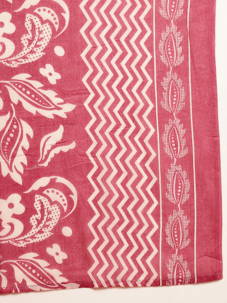 Women's Mauve Floral Printed Cotton Blend Straight Kurta Pant Dupatta Set