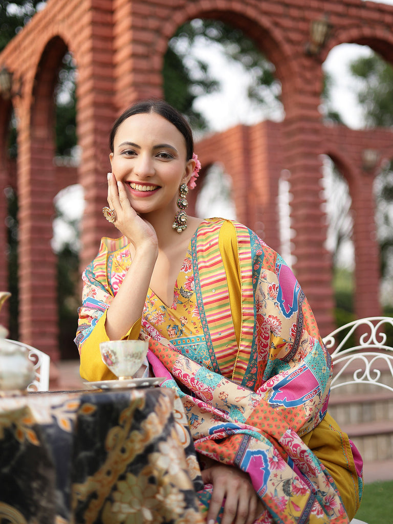 Women's Mustard Solid Cotton A-Line Kurta Palazzo Dupatta Set