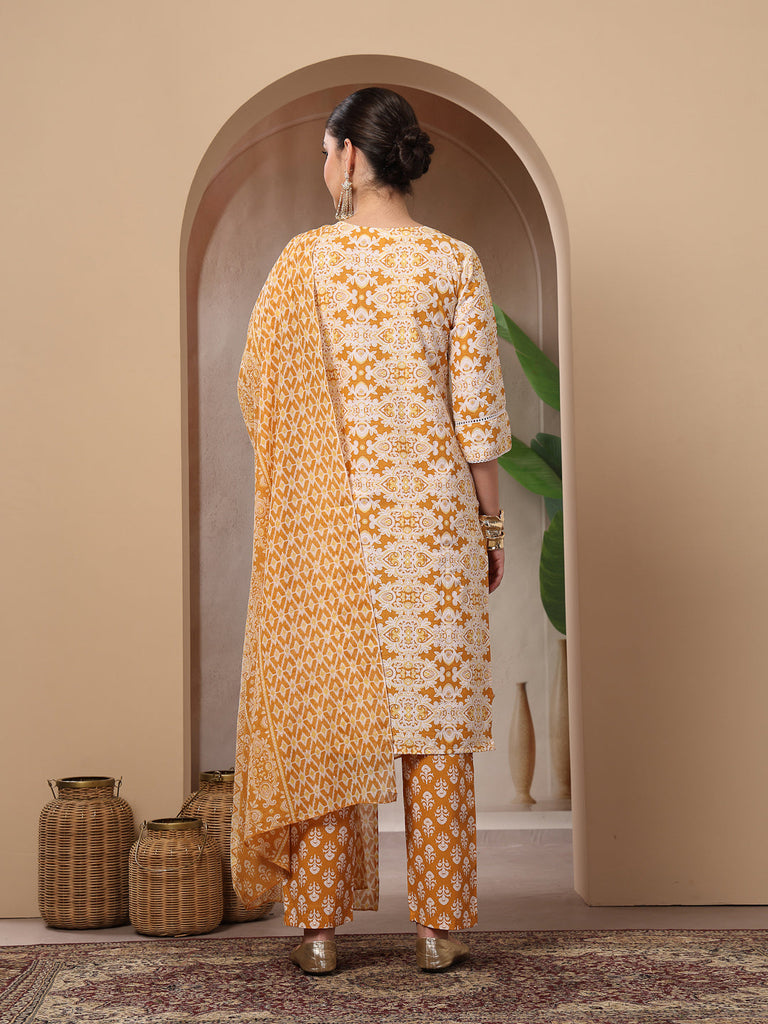 Women's Mustard Ethnic Printed Cotton Straight Kurta Pant Dupatta Set