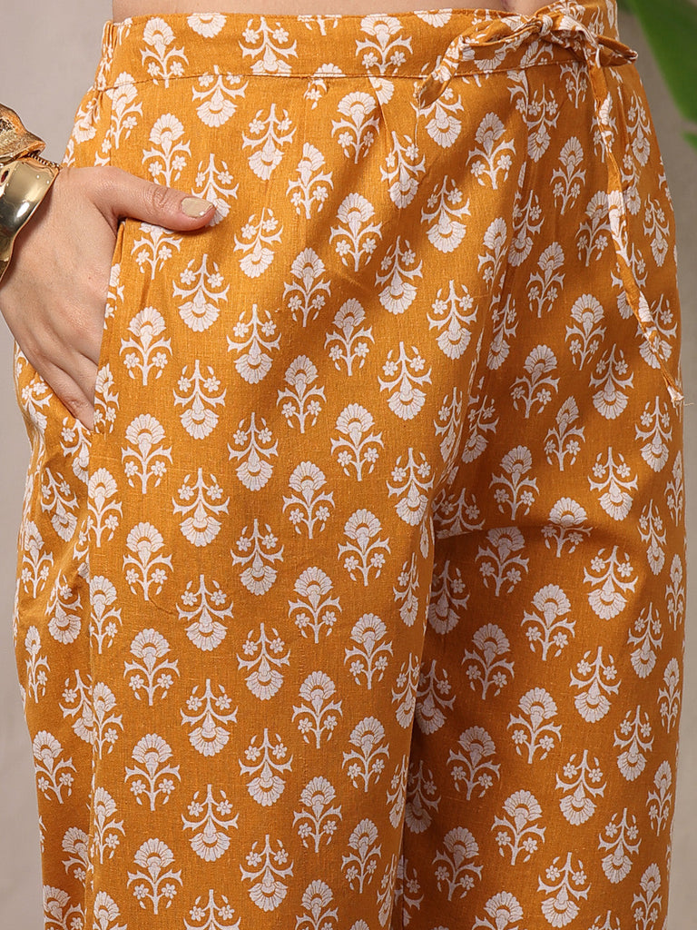 Women's Mustard Ethnic Printed Cotton Straight Kurta Pant Dupatta Set