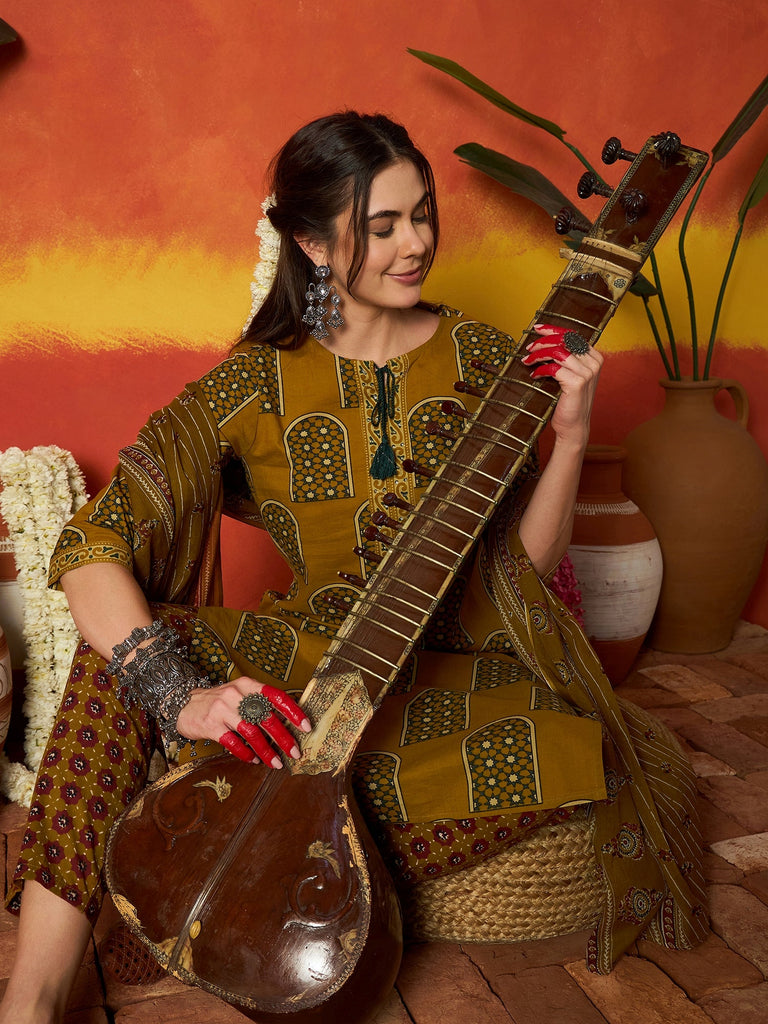 Women's Mustard Printed Cotton Straight Kurta Pant Dupatta Set