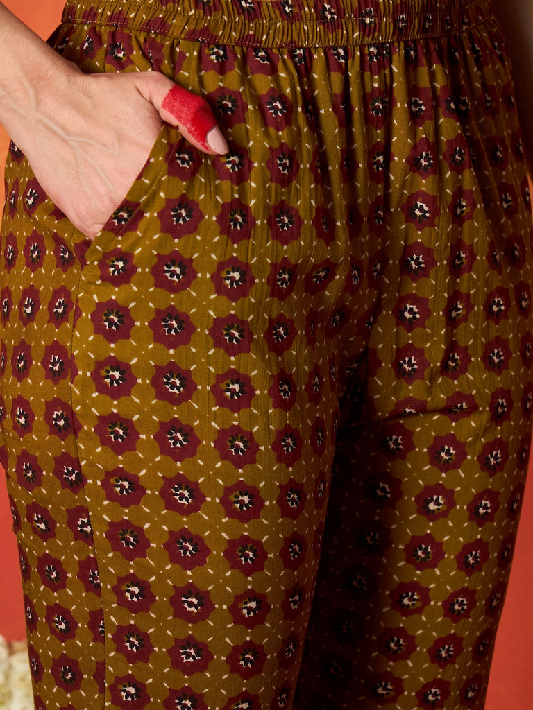 Women's Mustard Printed Cotton Straight Kurta Pant Dupatta Set