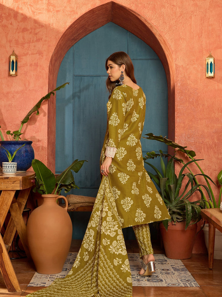 Women's Mustard Floral Printed Cotton Blend Straight Kurta Pant Dupatta Set