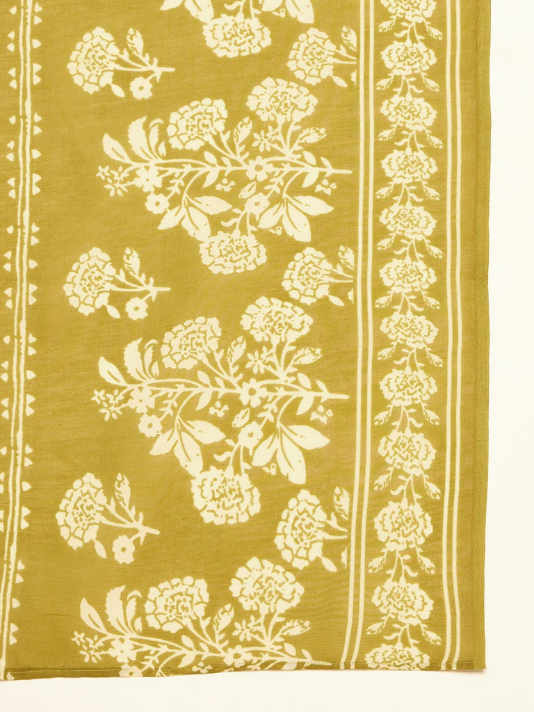 Women's Mustard Floral Printed Cotton Blend Straight Kurta Pant Dupatta Set