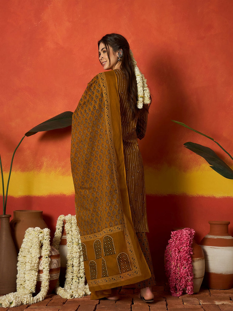 Women's Mustard Striped & Floral Printed Cotton Straight Kurta Pant Dupatta Set