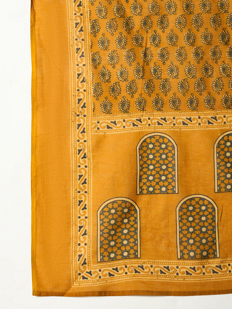 Women's Mustard Striped & Floral Printed Cotton Straight Kurta Pant Dupatta Set