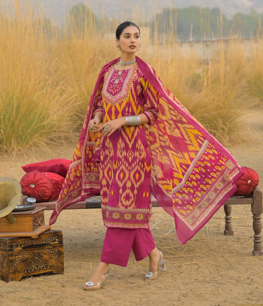 Women's Pink Ikat Printed Cotton Straight Kurta Pant Dupatta Set