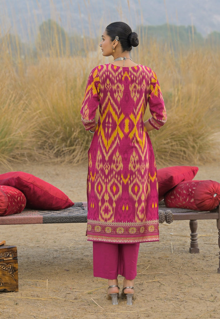 Women's Pink Ikat Printed Cotton Straight Kurta Pant Dupatta Set