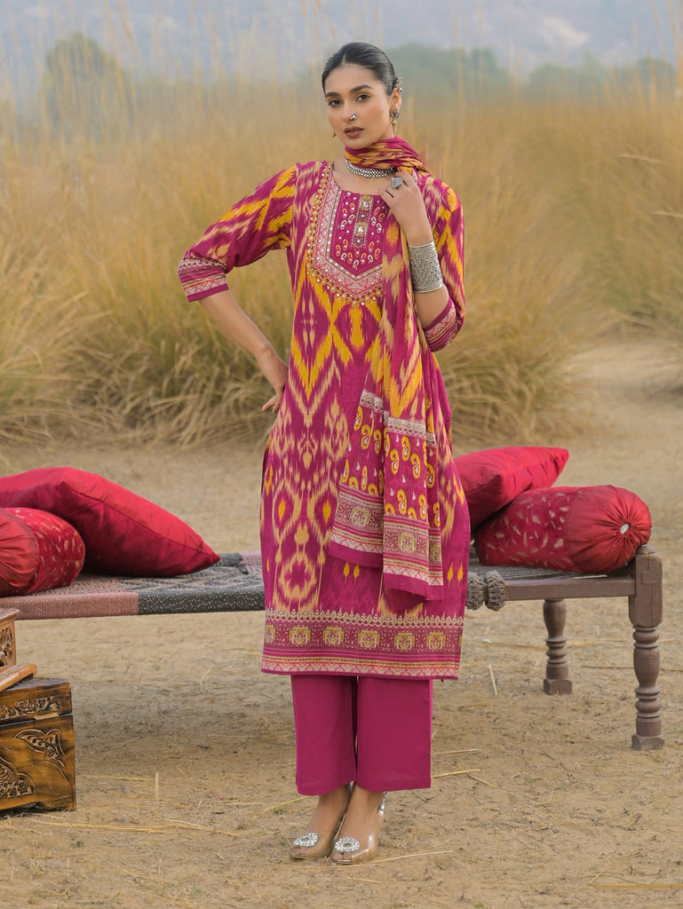 Women's Pink Ikat Printed Cotton Straight Kurta Pant Dupatta Set